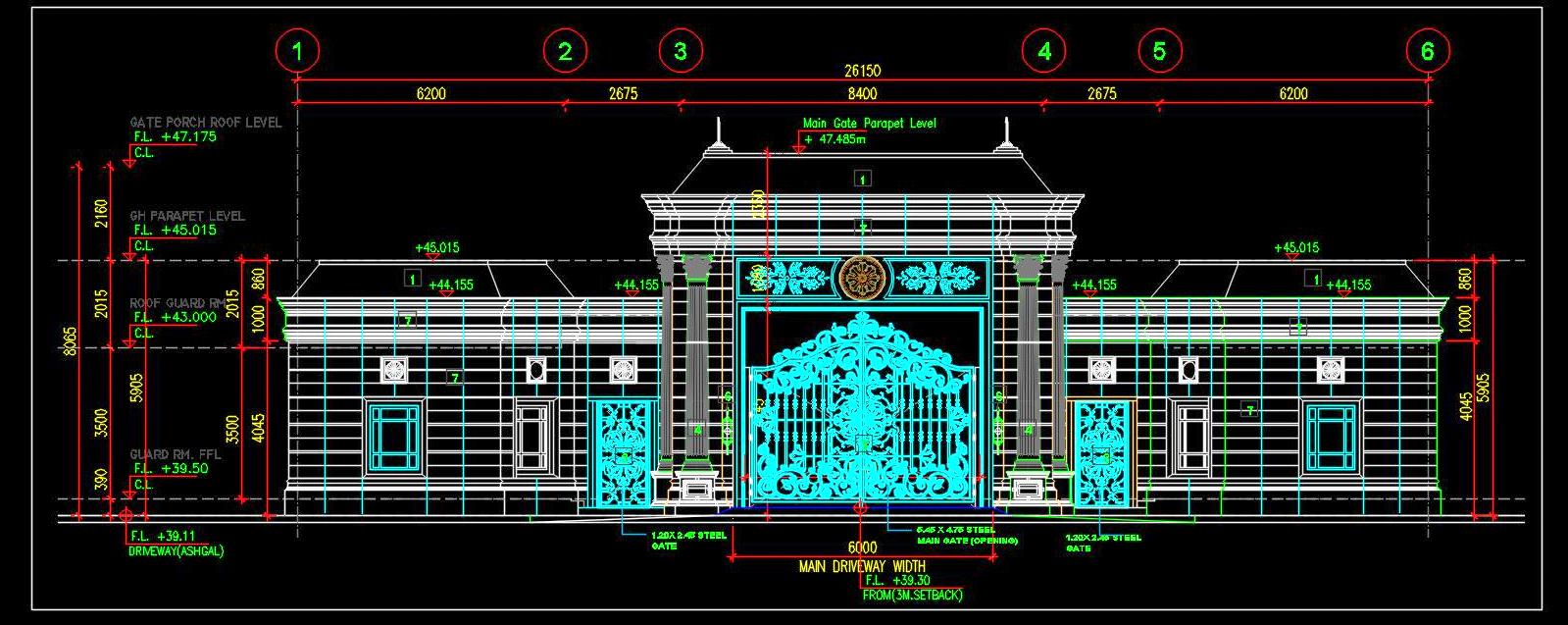 Main Gate and Compound Wall CAD Drawing for Building Entrance